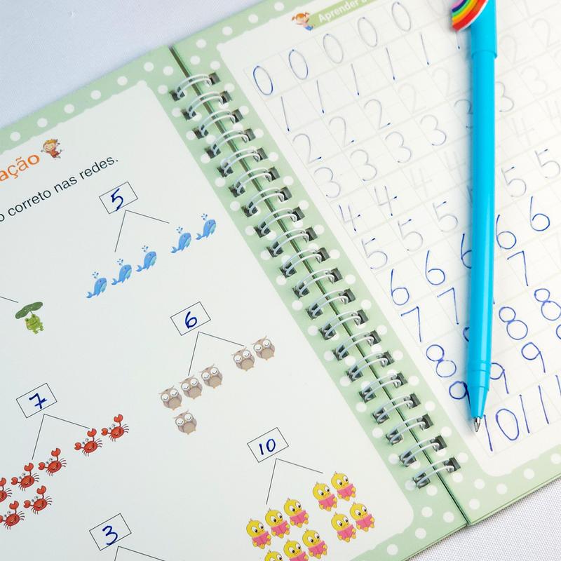 Kit 4 Cadernos Mágicos de Caligrafia Infantil + 6 Canetas + 20 Recargas — Reutilizável