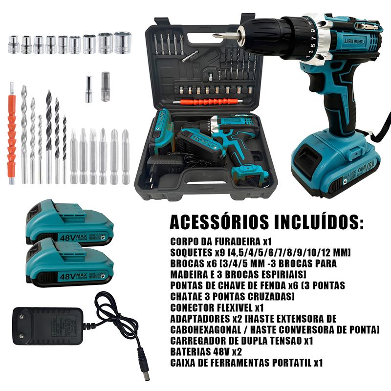 Parafusadeira e Furadeira 48V com 2 Baterias e Maleta