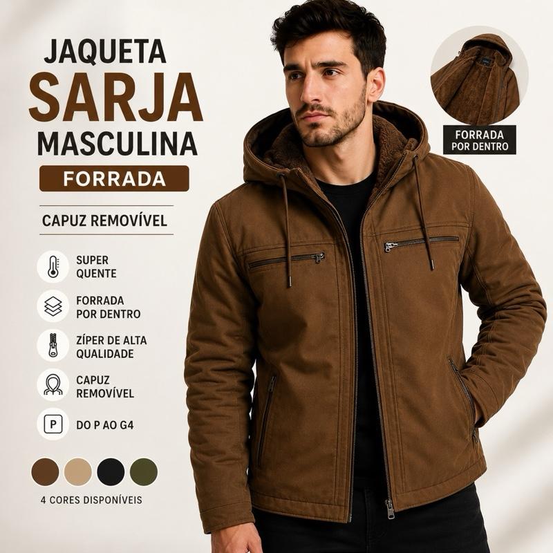 Jaqueta Masculina Sarja Forrada com Capuz Removível