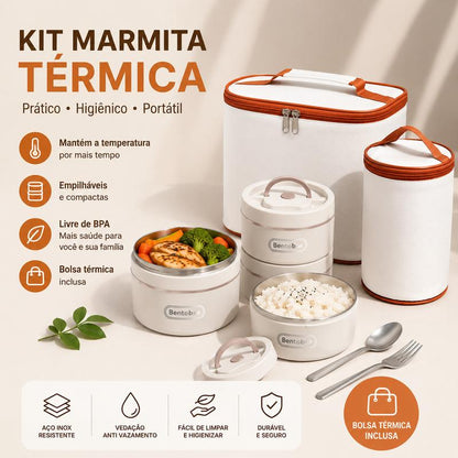 Kit Marmita Térmica com 4 Potes em Aço Inox 304