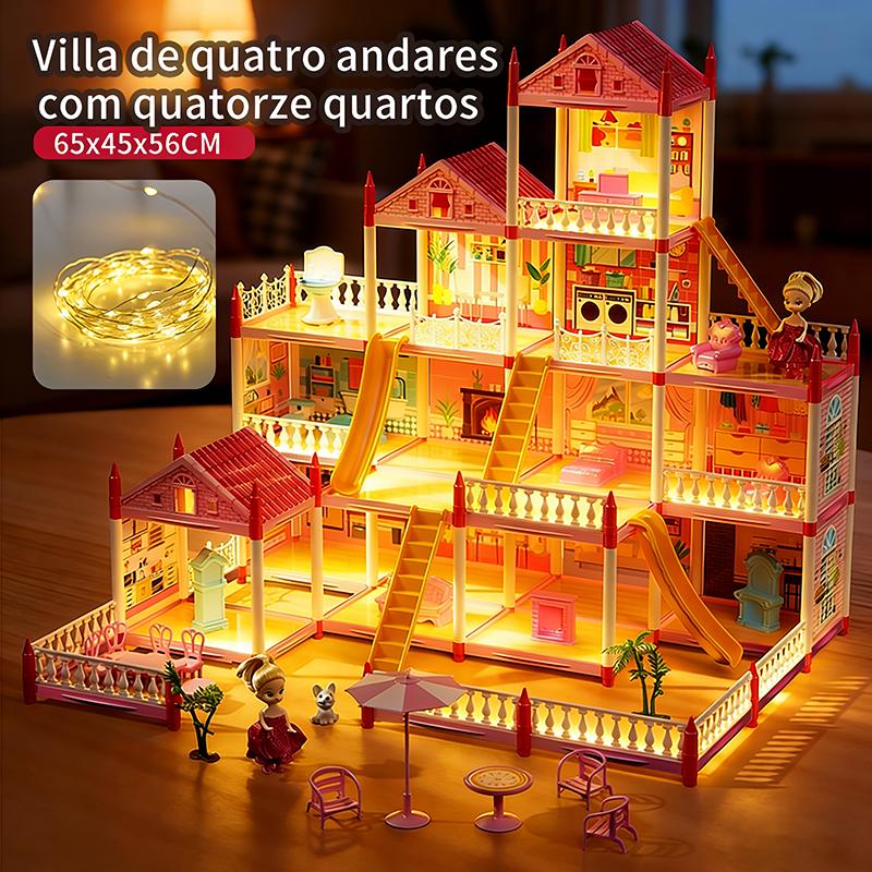 Villa de Bonecas Luxury com 14 Cômodos, Luzes LED e 2 Bonecas